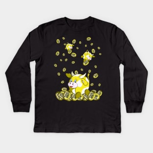 lucky yellow bubble cow with gold coins Kids Long Sleeve T-Shirt